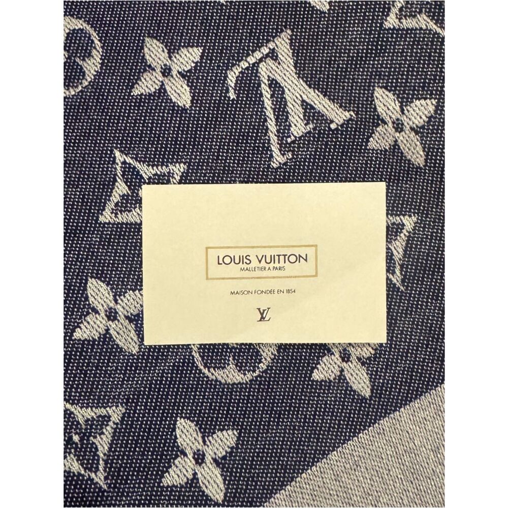 Louis Vuitton Blue and Gray Denim Monogram Wool Silk Shawl Scarf Auth - Picture 2 of 13